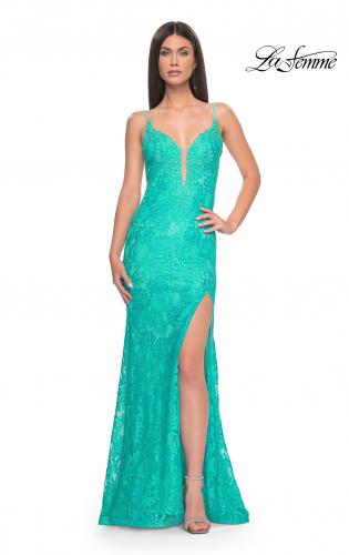 Picture of: Lace Dress with Deep V-Neck and Rhinestones in Aqua, Style: 31134, Detail Picture 1