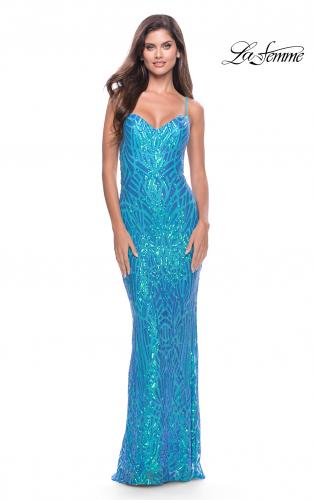 Picture of: Gorgeous Print Sequin Dress with Lace Up Back in Aqua, Style: 31390, Detail Picture 1