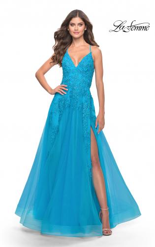 Picture of: Tulle Prom Dress with Lace Detail in Aqua, Style: 31503, Detail Picture 2