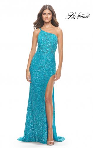 Picture of: Beaded Lace One Shoulder Dress with Unique Lace Up Back in Aqua, Style: 31515, Detail Picture 2