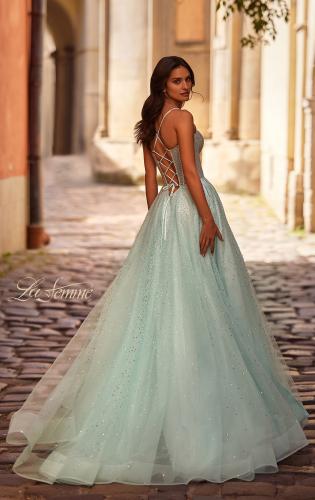 Picture of: Prom Gown with Rhinestone Tulle and Illusion Corset Bodice in Artic Blue, Style 32725, Back Picture