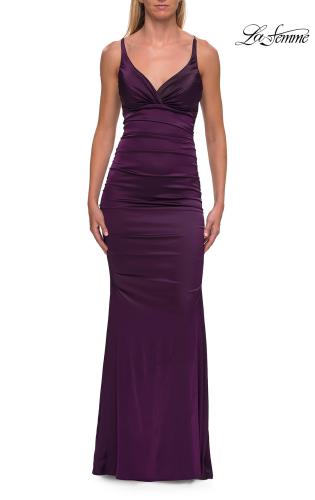 Picture of: Satin Fitted Gown with Strappy Open Back in Aubergine, Style: 33611, Detail Picture 12