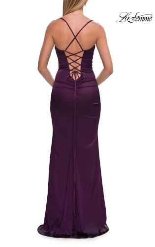 Picture of: Satin Fitted Gown with Strappy Open Back in Aubergine, Style: 33611, Detail Picture 13
