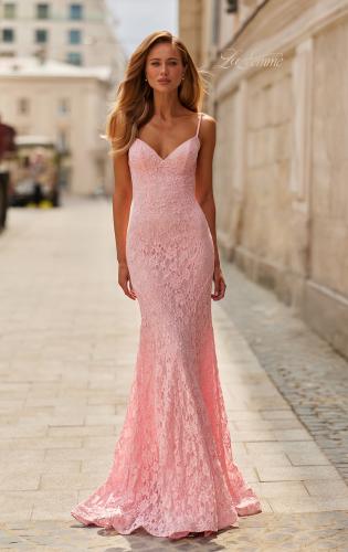 Picture of: Lace Fitted Gown with Sheer Back and Spaghetti Straps in Baby Pink, Style: 33452, Main Picture