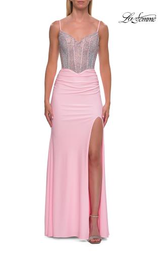 Picture of: Rhinestone Corset Gown with Slit and Ruching in Baby Pink, Style: 33357, Detail Picture 8