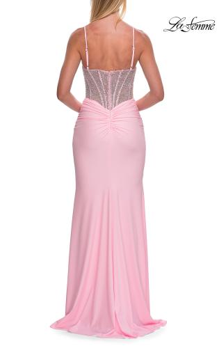 Picture of: Rhinestone Corset Gown with Slit and Ruching in Baby Pink, Style: 33357, Detail Picture 9
