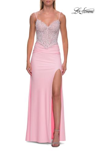 Picture of: Rhinestone Lace Bodice Jersey Gown with Slit and Low Back in Baby Pink, Style: 33439, Detail Picture 10
