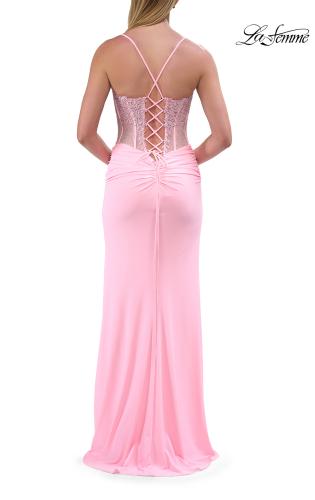 Picture of: Sheer Lace Corset Gown with High Slit and Lace-Up Back in Baby Pink, Style: 33808, Detail Picture 10