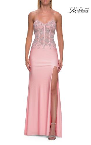 Picture of: Strapless Sheer Lace Corset Gown with High Slit in Baby Pink, Style: 33398, Detail Picture 11