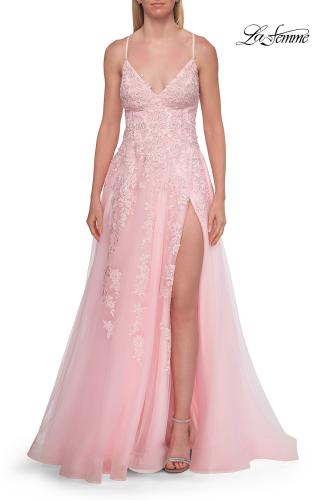 Picture of: Beaded A-Line Tulle Gown with Slit and Open Tie Back in Baby Pink, Style: 33715, Detail Picture 14