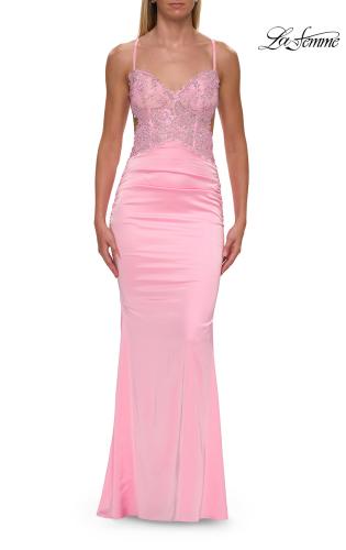 Picture of: Satin and Lace Prom Dress with Side Cutouts and Open Back in Baby Pink, Style: 33651, Detail Picture 15