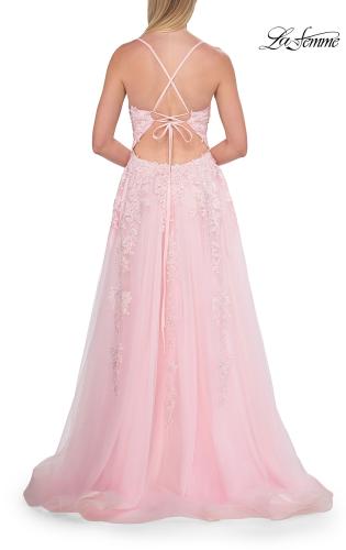 Picture of: Beaded A-Line Tulle Gown with Slit and Open Tie Back in Baby Pink, Style: 33715, Detail Picture 15