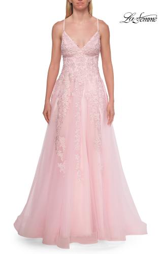 Picture of: Beaded A-Line Tulle Gown with Slit and Open Tie Back in Baby Pink, Style: 33715, Detail Picture 16