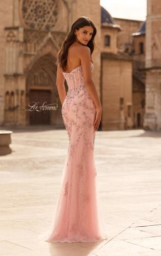 Picture of: Strapless Embellished Lace Gown with Sheer Corset Bodice in Baby Pink, Style: 33853, Back Picture