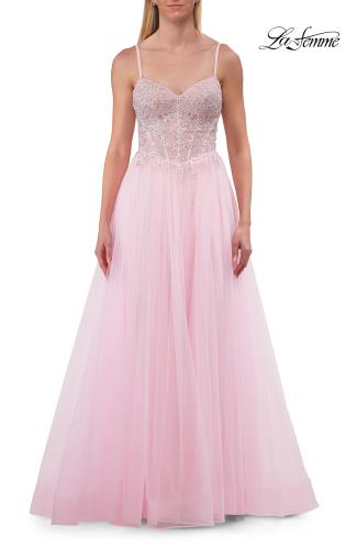 Picture of: Lace Corset Tulle Gown with High Slit and A-Line Skirt in Baby Pink, Style: 33436, Detail Picture 19