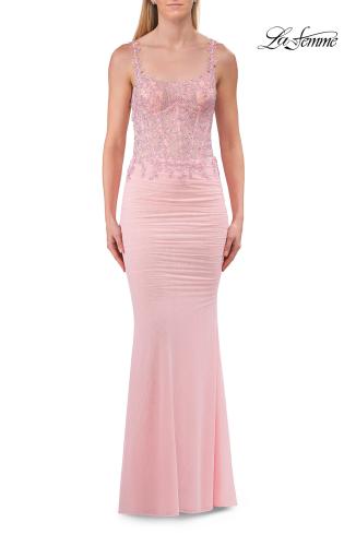 Picture of: Rhinestones Lace Fitted Gown with Scoop Neck and Low Back in Baby Pink, Style: 33721, Detail Picture 19