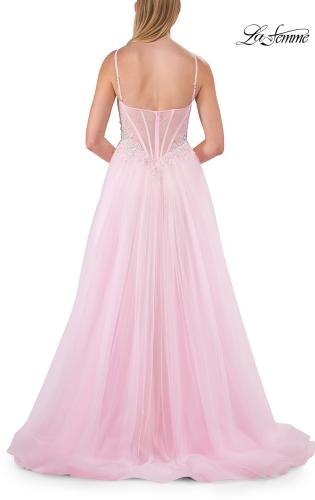 Picture of: Lace Corset Tulle Gown with High Slit and A-Line Skirt in Baby Pink, Style: 33436, Detail Picture 20