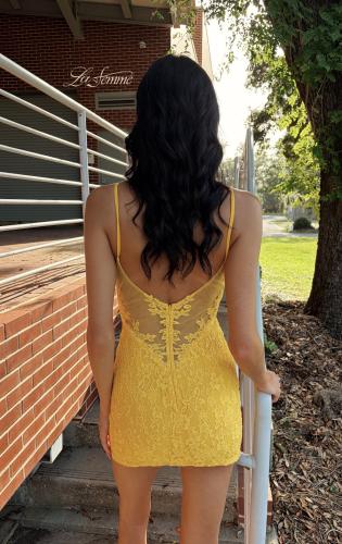 Picture of: Lace Illusion Back Mini Dress in Banana, Style 33929, Detail Picture 6