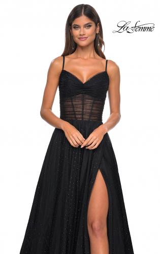 Picture of: A-Line Rhinestone Tulle Embellished Gown with Illusion Top in Black, Style: 31970, Detail Picture 12