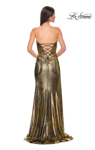 Picture of: Strapless Chic Metallic Jersey Dress with Draped Slit in Black Gold, Style 32830, Detail Picture 6