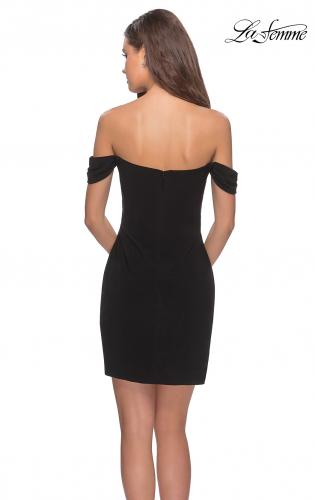 Picture of: Short Dress with Scalloped Off The Shoulder Sleeves in Black, Style: 28193, Back Picture