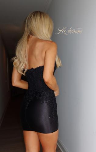 Picture of: Strapless Lace Applique Corset Cocktail Dress in Black, Style 33242, Back Picture