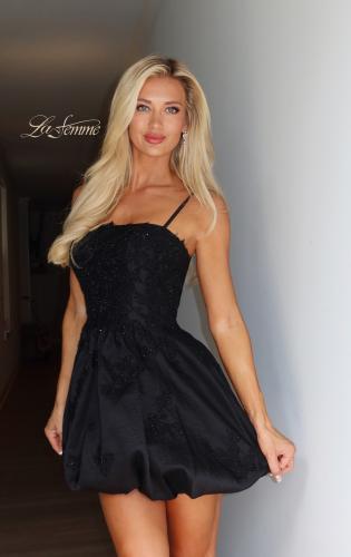 Picture of: Floral Applique Bubble Mini Dress in Black, Style 34140, Detail Picture 1