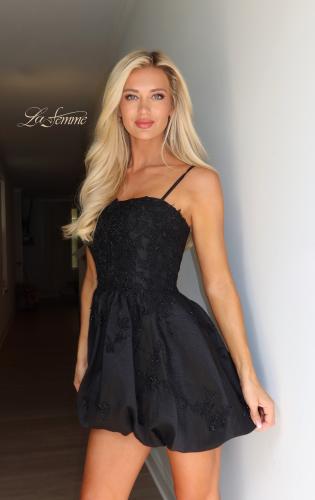 Picture of: Floral Applique Bubble Mini Dress in Black, Style 34140, Detail Picture 2