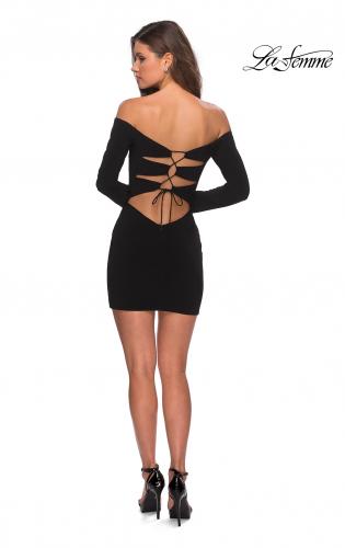 Picture of: Off The Shoulder Long Sleeve Dress with Lace Up Back in Black, Style: 28212, Detail Picture 3