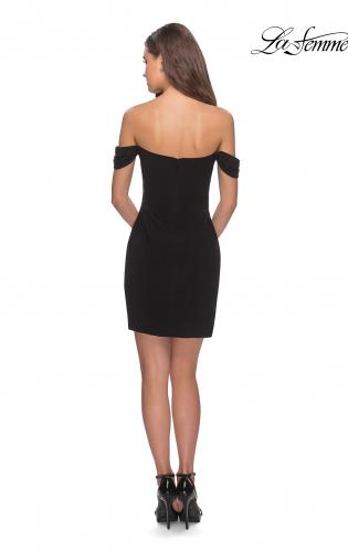Picture of: Short Dress with Scalloped Off The Shoulder Sleeves in Black, Style: 28193, Detail Picture 4