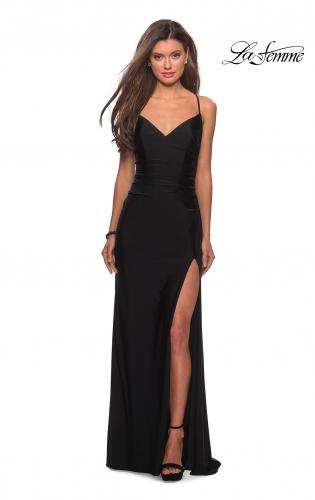 Picture of: Long Homecoming Dress with Slit and Criss Cross Back in Black, Style: 28206, Detail Picture 5