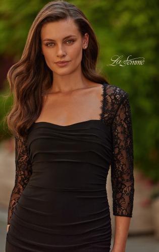 Picture of: Ruched Gown with Lace Illusion Sleeves and Sweetheart Neckline in Black, Style: 33147, Detail Picture 1