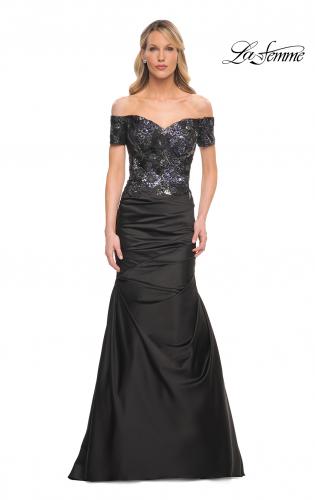 Picture of: Satin Mermaid Gown with Sequin Beaded Top in Black, Style: 30404, Main Picture