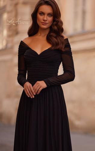 Picture of: Chic Off the Shoulder Net Jersey Gown with Long Sleeves in Black, Style: 32722, Main Picture