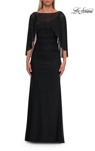 Picture of: Jersey Gown with Sheer Beaded Cape Overlay in Black, Style: 33718, Main Picture
