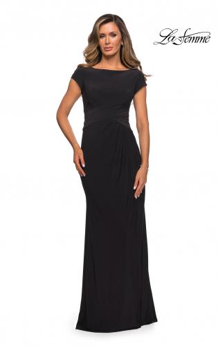 Picture of: Floor Length Jersey Evening Gown with Cap Sleeves in Black,Style: 28026, Detail Picture 8
