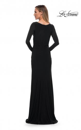 Picture of: Long Sleeve Jersey Evening Dress with Ruching in Black, Back Picture