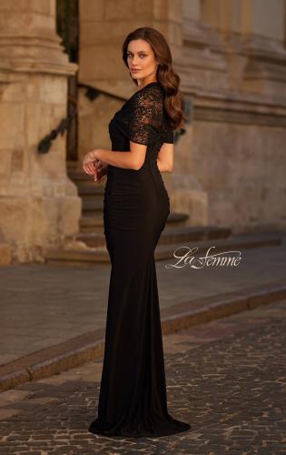 Picture of: Chic Black Evening Dress with Ruching and Lace Sleeve in Black, Style: 33133, Back Picture