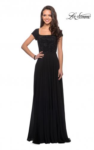 Picture of: Short Sleeve Long Gown with Beaded Bodice in Black, Style: 26512, Detail Picture 1