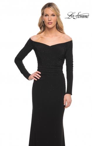 Picture of: Off the Shoulder Jersey Evening Dress with Long Sleeves in Black, Style: 30073, Detail Picture 1