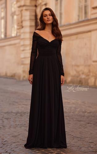 Picture of: Chic Off the Shoulder Net Jersey Gown with Long Sleeves in Black, Style: 32722, Detail Picture 1
