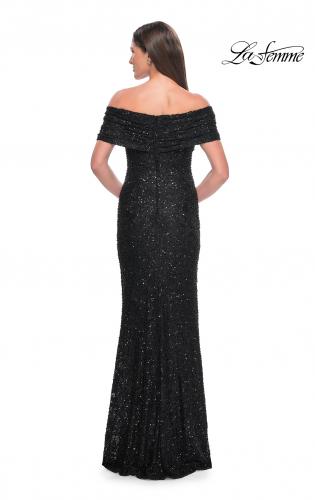 Picture of: Off the Shoulder Ruched Beaded Lace Evening Gown in Black, Style: 31778, Detail Picture 2