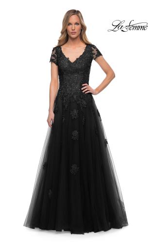 Picture of: Tulle A Line Gown with Lace Applique and V Neck, Style: 29380, Detail Picture 3