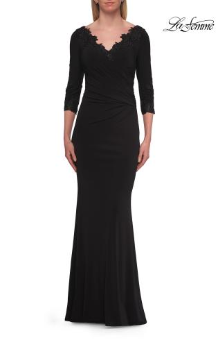 Picture of: V-Neck Lace Trim Gown with Three-Quarter Sleeves in Black, Style: 33658, Detail Picture 3