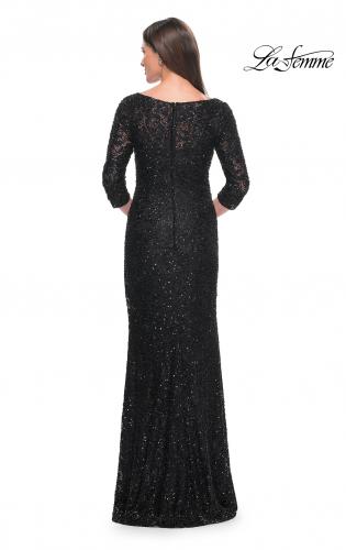 Picture of: Fitted Beaded Lace Evening Gown with Ruching in Black, Style: 31721, Detail Picture 4