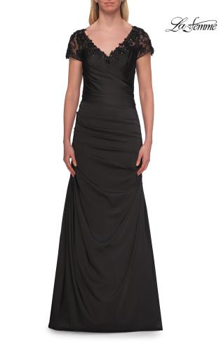 Picture of: Ruched Satin Gown with Lace Cap Sleeves and Illusion Back in Black, Style: 32431, Detail Picture 5