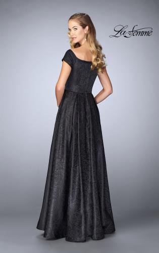 Picture of: Off The Shoulder Jacquard Gown With Small Sleeves in Black, Style: 24859, Back Picture