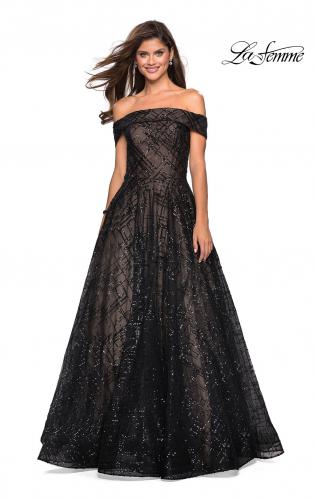 Picture of: sequin Ball Gown with Off the Shoulder Top in Black Nude, Style: 27577, Main Picture