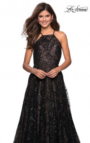 Picture of: High Neckline sequin A Line Prom Dress in Black Nude, Style: 27451, Detail Picture 6