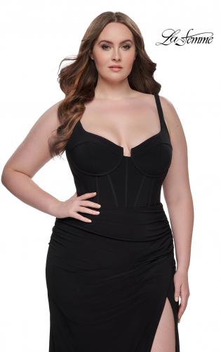 Picture of: Jersey Long Plus Size Dress with Bustier Top and Tie Back in Black, Style: 32190, Main Picture